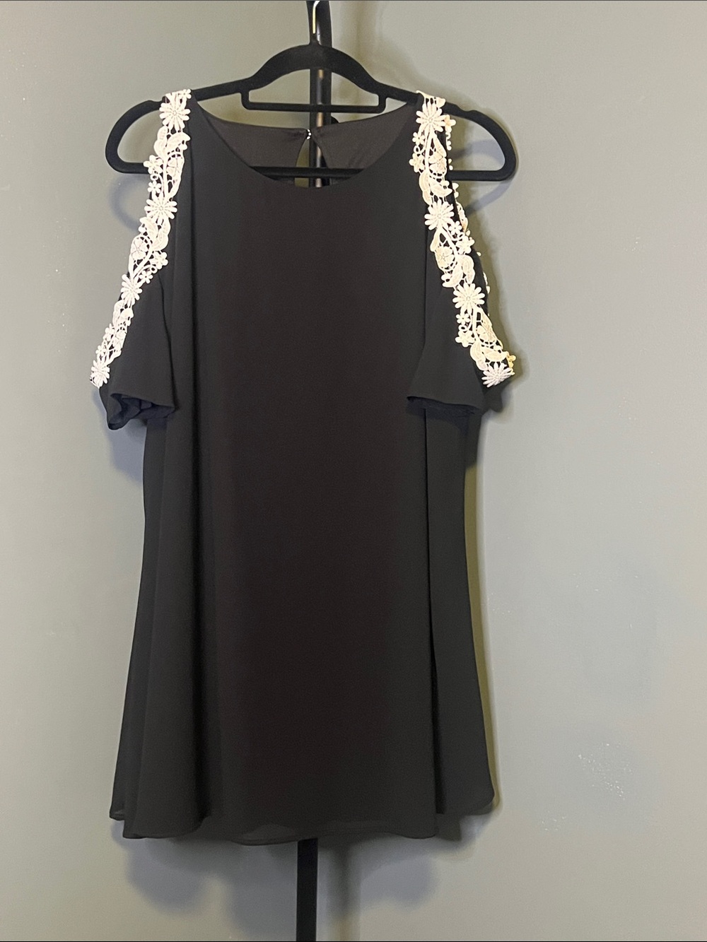 Black Cold-Shoulder Mini Dress with White Lace Trim